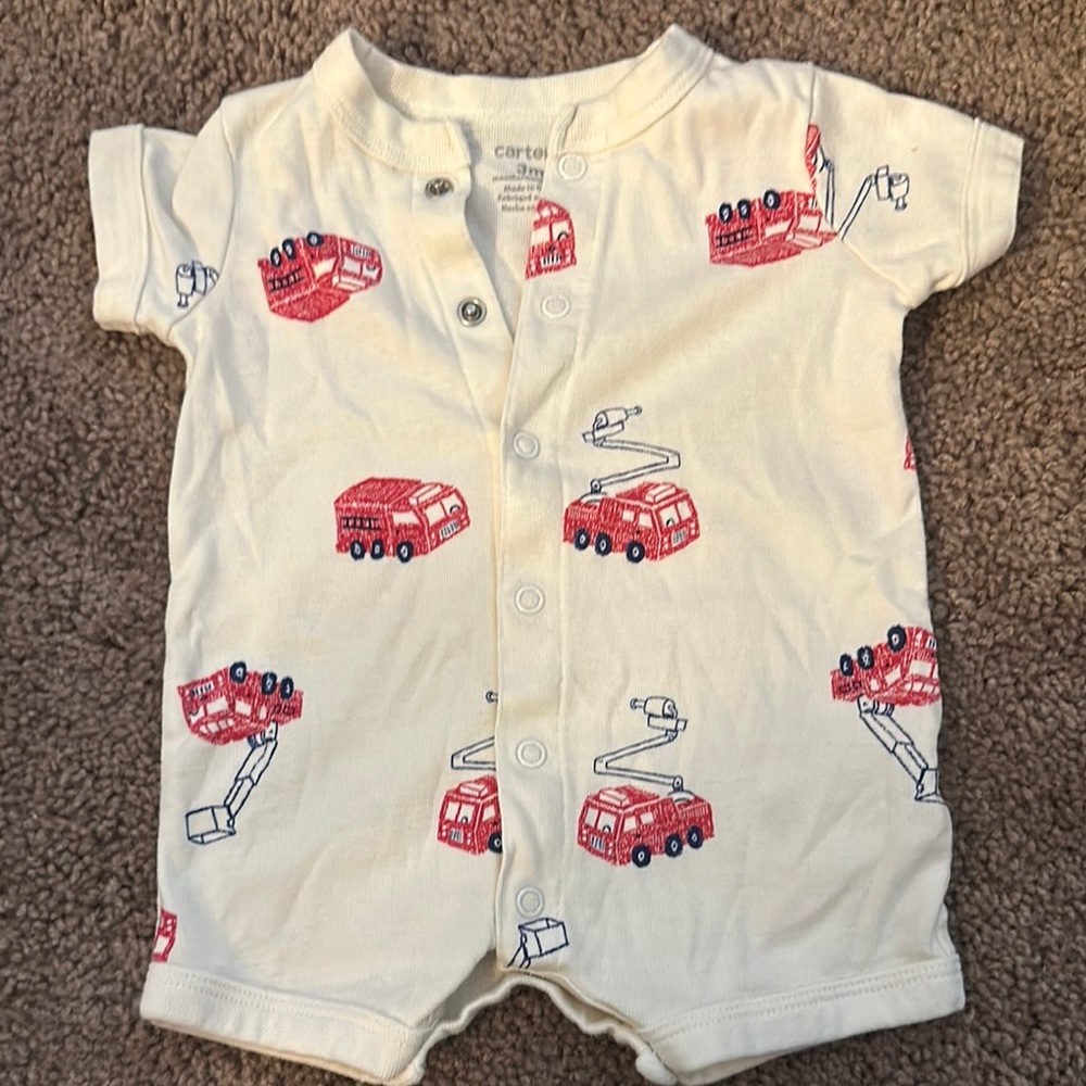Carter's Cream Romper with Red Fire Truck Design